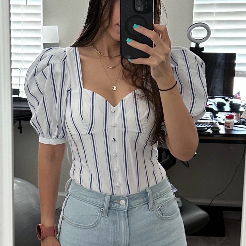 Express White Puff-Sleeve Button Front Top with Navy Stripes - Size Small